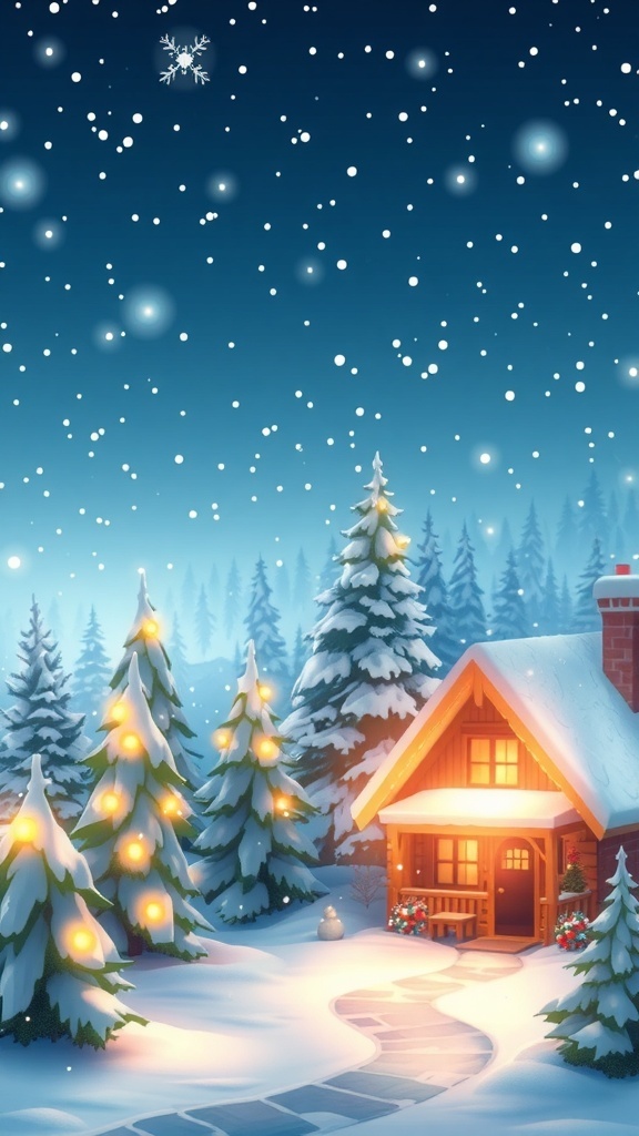 Animated Christmas background with winter landscape, snowflakes, and twinkling lights.